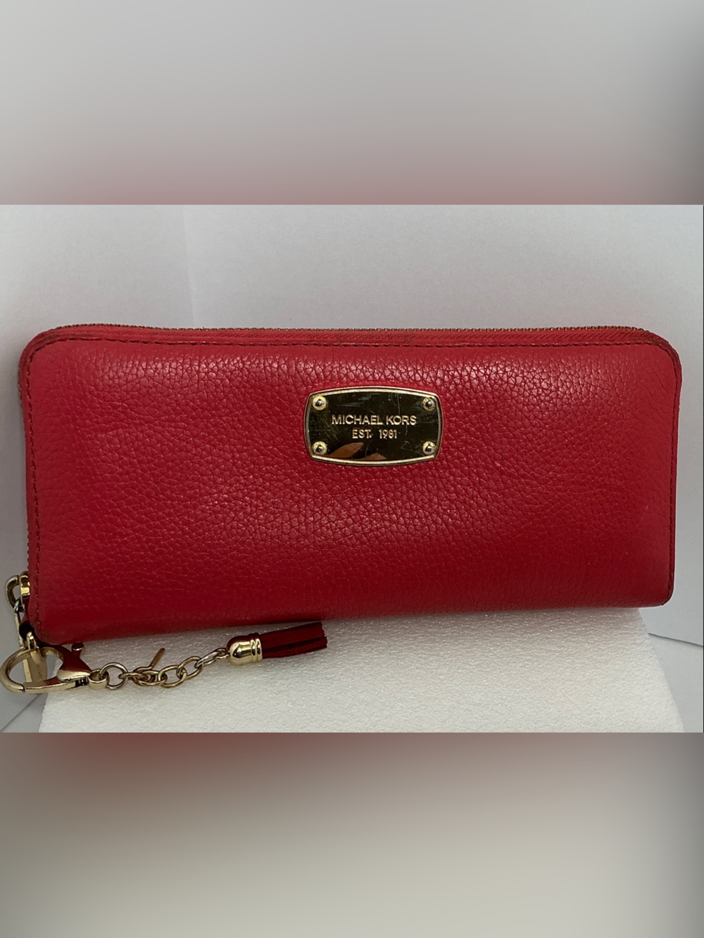 Michael Kors Red Pebbled Leather Zip Wallet with Gold Plate